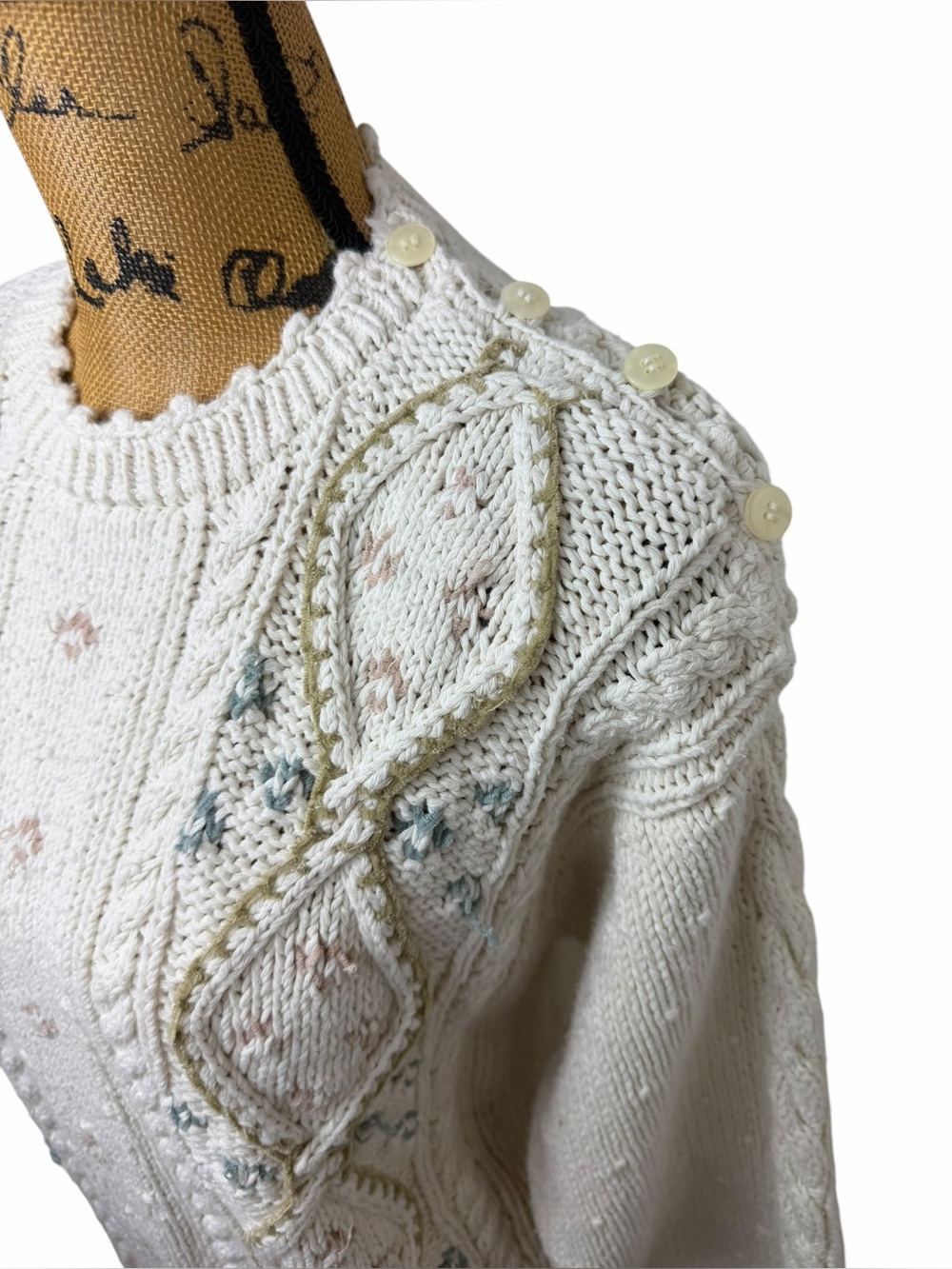 Vintage 90s Liz Claiborne Hand Knit Cable Sweater Floral Cotton Cottagecore - Picture 5 of 7